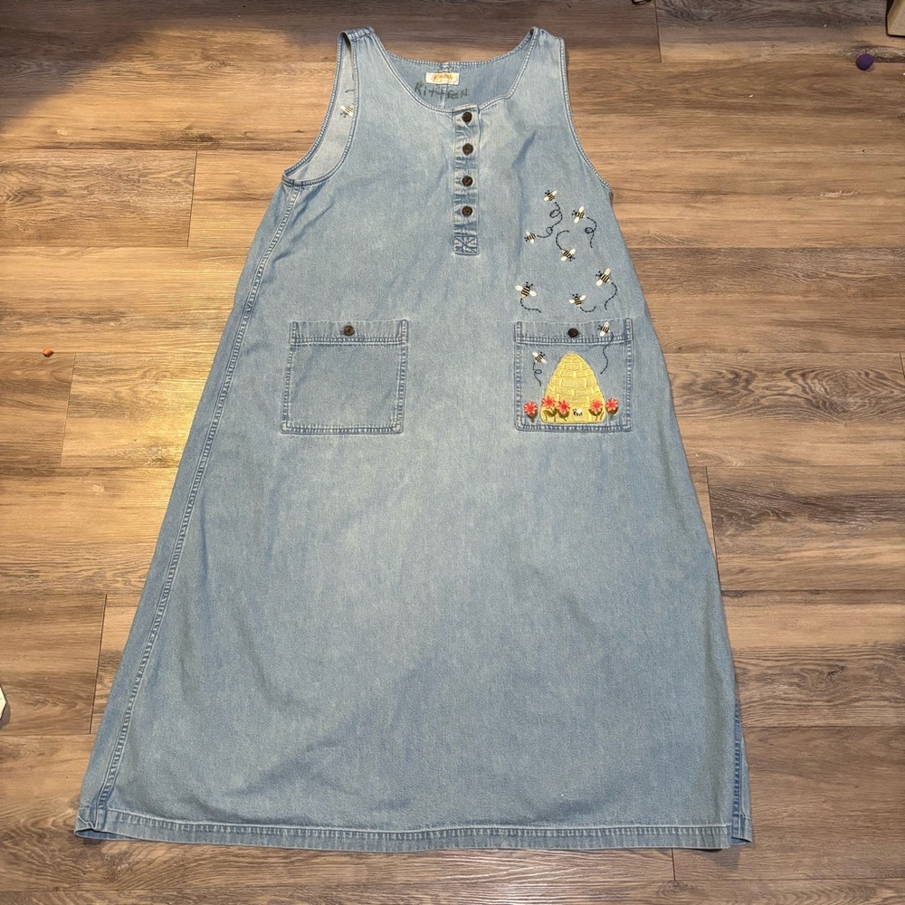 VTG Y2K grannycore 90’s denim teacher maxi dress modest sz L/XL cotton bee honey